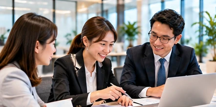辦公室中的創業者與女性顧問洽談情境，AI情境圖，非實際員工或場所